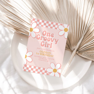 One Groovy Girl Retro Check Roze Madeliefje Kaart