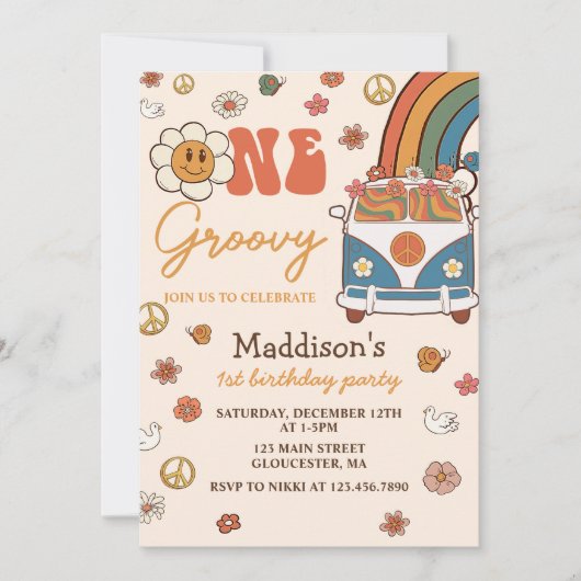 One Groovy Retro Rainbow 1st Birthday Party Kaart (Voorkant)