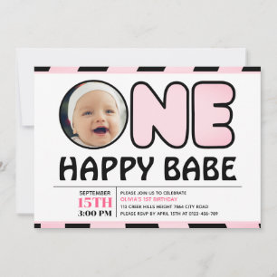 One Happy Babe Groovy Check Girl Foto Verjaardag Kaart