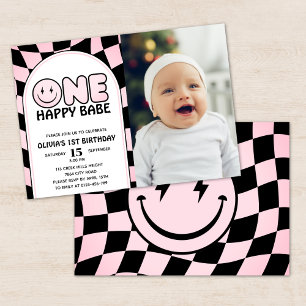 One Happy Babe Groovy Pink Check Foto Verjaardag Kaart