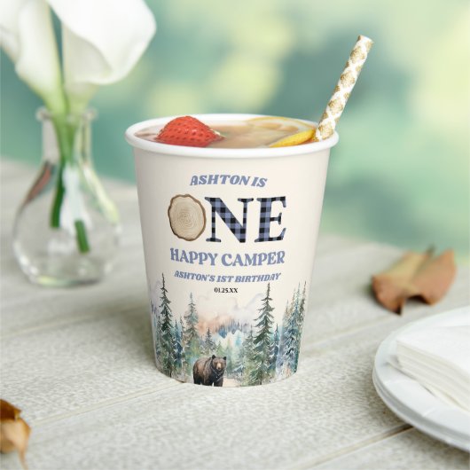 ONE Happy Camper Beer Blauw 1e Verjaardagsfeestje Papieren Bekers (Insitu)
