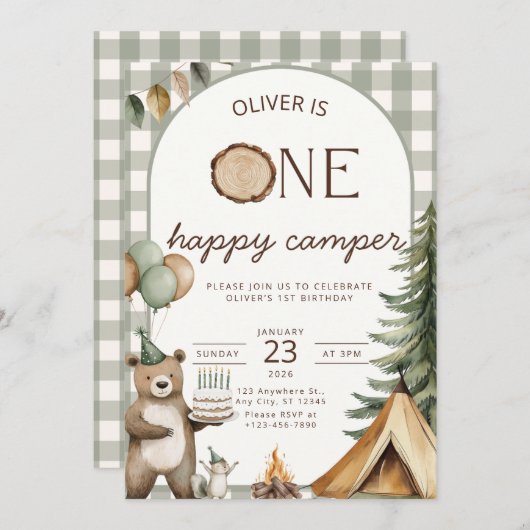 One Happy Camper Birthday Invitation Camping 1st Kaart (Voorkant / Achterkant)
