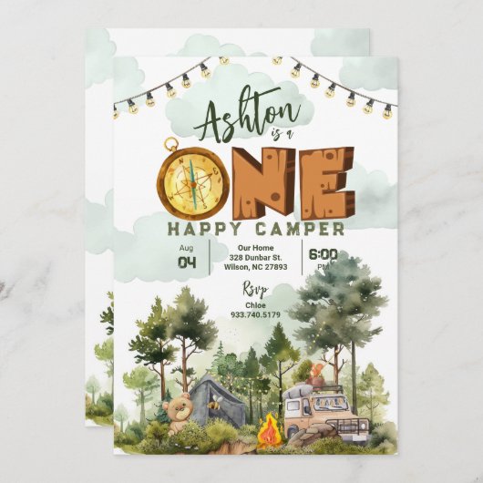 One Happy Camper First Birthday Invitation Kaart (Voorkant / Achterkant)