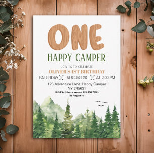 One Happy Camper Rustic Green Forest 1e Verjaardag Kaart