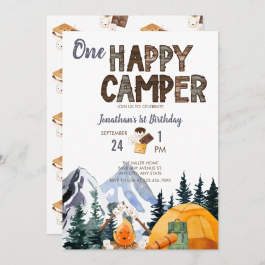 One Happy Camper | Uitnodiging tot kamperen van de (Voorkant / Achterkant)