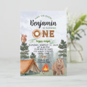 One Happy Camper Woodland Beer 1e Verjaardag Kaart (Staand voorkant)