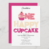 One Happy Cupcake Invite 1st First Birthday Cute Kaart (Voorkant / Achterkant)