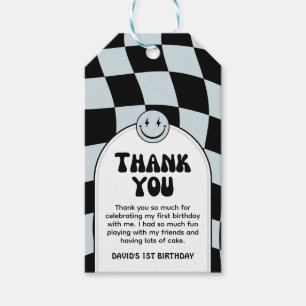 One Happy Dude Blue Check Foto Verjaardag Cadeaulabel