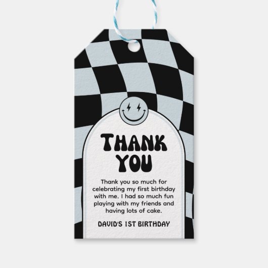 One Happy Dude Blue Check Foto Verjaardag Cadeaulabel (Voorkant)