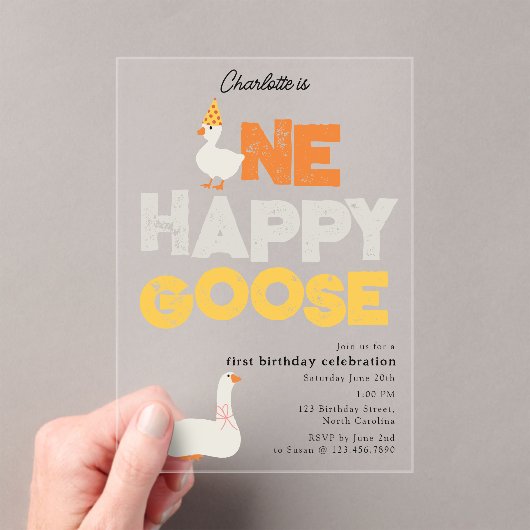 One Happy Goose Invite 1st First Birthday Cute Acryl Uitnodigingen (Insitu (Draagbaar))