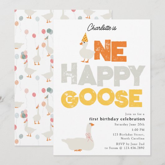 One Happy Goose Invite 1st First Birthday Cute Kaart (Voorkant / Achterkant)