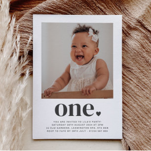 One Heart Square Photo First Birthday Invitation Kaart