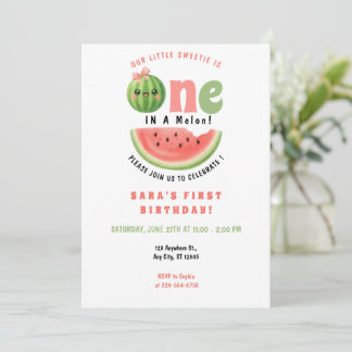 One in a Melon 1st Birthday Summer Girl Invitation Kaart