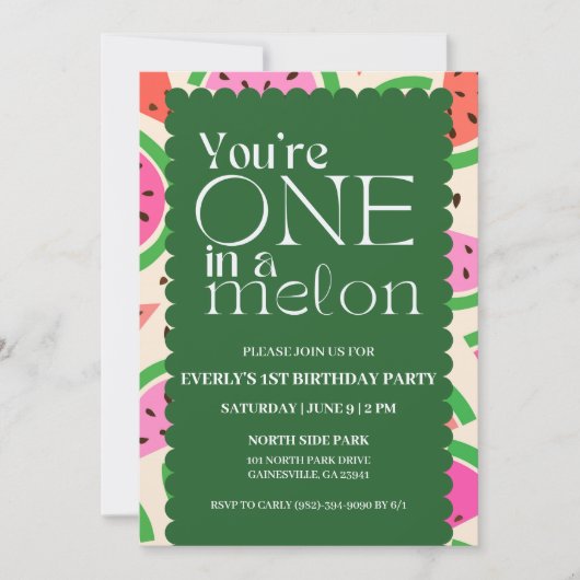 'One in a Melon' 1ste uitnodiging van de verjaarda (Voorkant)