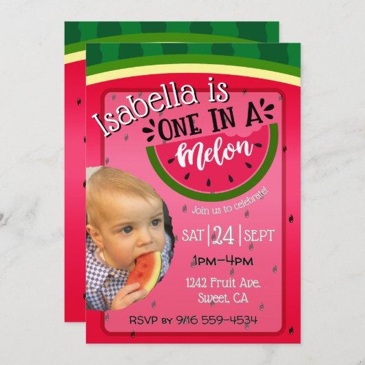One in a Melon First Birthday invitation bright Kaart (Voorkant / Achterkant)
