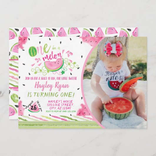 One In a Melon Photo 1er anniversaire Invitation (Devant / Derrière)