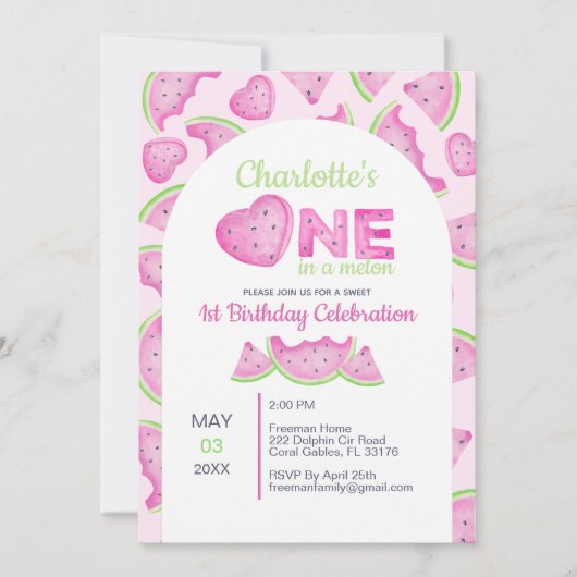 One in a Melon Watermelon 1er Birthday Invitation (Devant)