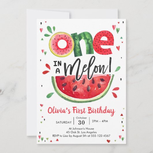 One In A Melon Watermelon 1st Birthday Invitation (Devant)