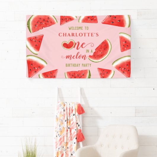 One In A Melon Watermelon Roze Verjaardag Welkom Spandoek (Insitu)