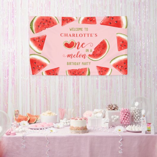 One In A Melon Watermelon Roze Verjaardag Welkom Spandoek (Feest)