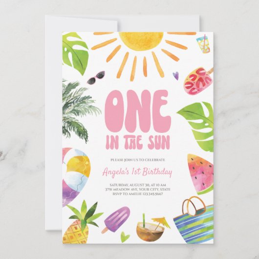 ONE in the Sun Roze Zomer Verjaardag Uitnodiging (Voorkant)