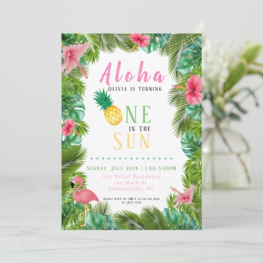 One in the Sun Tropical First Birthday Uitnodiging (Staand voorkant)