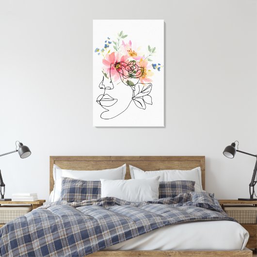 One line face art met roze botanische bloemenoog canvas afdruk (Insitu (Slaapkamer))