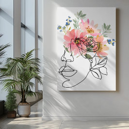 One line face art met roze botanische bloemenoog canvas afdruk