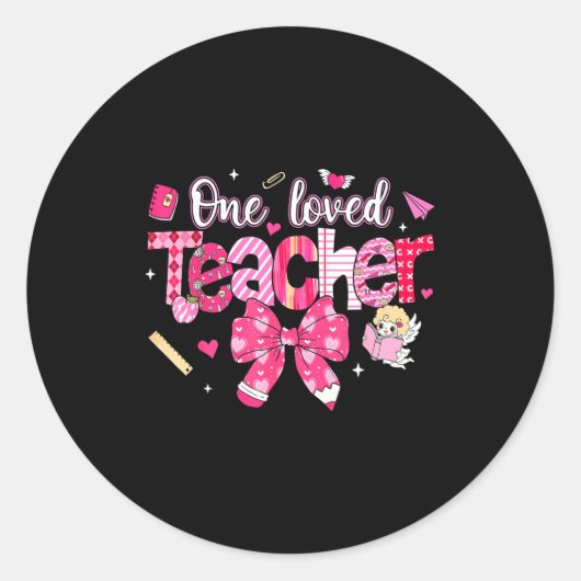 One Loved Teacher Coquette Bow Pencil Valentine Gi Ronde Sticker (Voorkant)