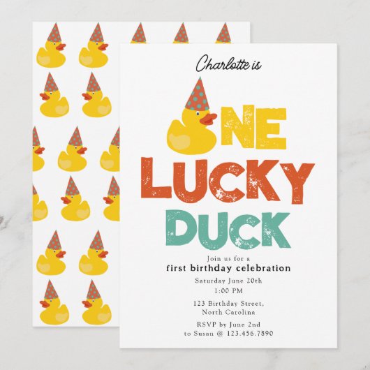 One Lucky Duck Invite 1st  First Birthday Cute Kaart (Voorkant / Achterkant)