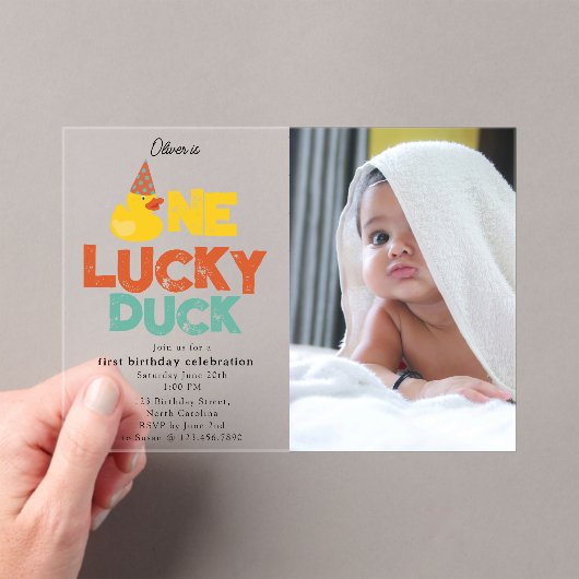 One Lucky Duck Invite 1st First Birthday Photo Acryl Uitnodigingen (Insitu (Draagbaar))