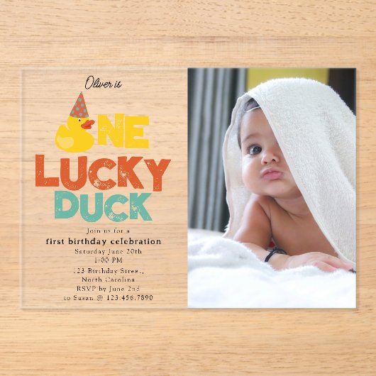 One Lucky Duck Invite 1st  First Birthday Photo Acryl Uitnodigingen (Voorkant)