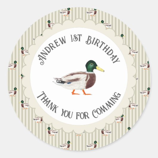 One Lucky Duck Mallard 1st Birthday Dank u Ronde Sticker (Voorkant)
