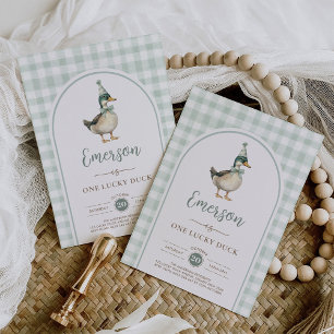 One Lucky Duck Sage Green Gingham 1e verjaardag Kaart