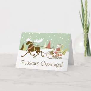 One Moose Open Sleigh Retro Kerstman Feestdagen Kaart