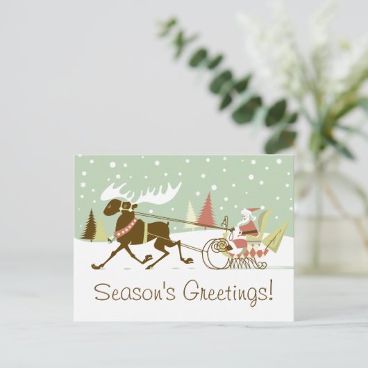 One Moose Open Sleigh Retro Kerstman Feestdagenkaart (Staand voorkant)