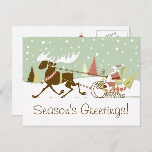 One Moose Open Sleigh Retro Kerstman Feestdagenkaart (Voorkant / Achterkant)
