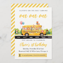 One one one School Bus 1st Birthday Invitation Kaart