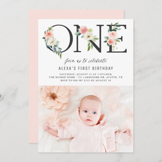 One Peach Florals First Birthday Photo Invitation (Devant / Derrière)