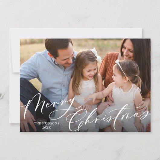 One Photo Elegant White Script Merry Kerstry Feestdagenkaart (Voorkant)