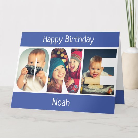 ONE Photo Letters Blue Boys 1e Verjaardag Kaart (Voorkant)