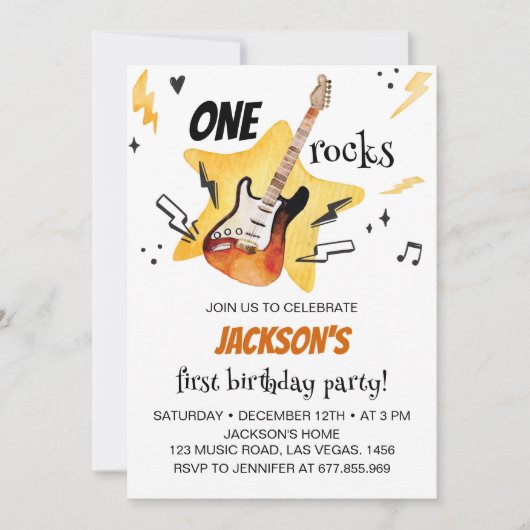 One Rocks Guitar Rock Et Roll Invitation Anniversa (Devant)