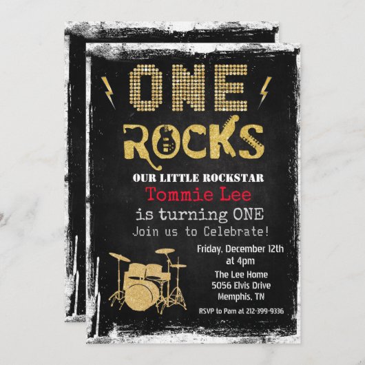 One Rocks Rockstar Drumset 1er Invitation annivers (Devant / Derrière)