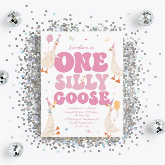 One Silly Goose 1st Birthday Invitation Girl Pink