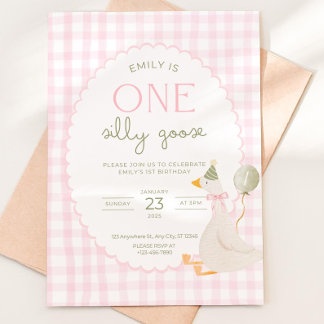 One Silly Goose Birthday Invite Pink Gingham First Kaart
