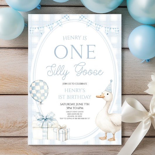 ONE Silly Goose Blue 1st Birthday Party Kaart