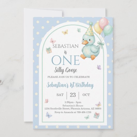 One Silly Goose Blue Boy 1st Birthday Kaart (Voorkant)