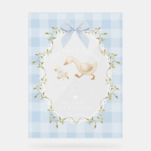 One Silly Goose Blue Gingham Birthday Welcome Acryl Bord (Voorkant)