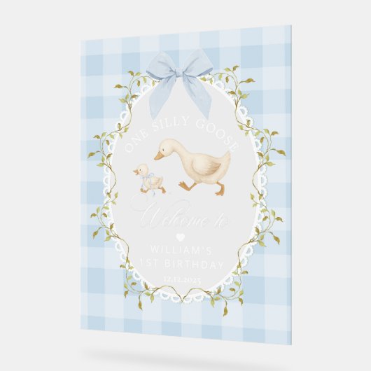 One Silly Goose Blue Gingham Birthday Welcome Acryl Bord (Hoek)