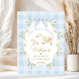 One Silly Goose Blue Gingham Birthday Welcome Poster